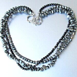 Retired SILPADA Hematite Onyx Bead 3 Strand Sterling Silver Toggle Necklace N109